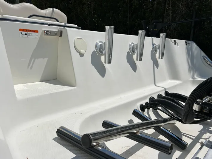  Yacht Photos Pics 2012 Hydra-Sports 3400 CC boat deck with rod holders and stainless steel fittings.