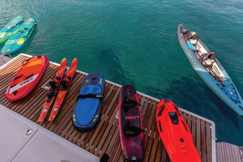  Yacht Photos Pics Water sports gear on Fountaine Pajot Samana 59 yacht deck, 2021 model.