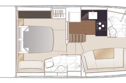  Yacht Photos Pics Floor plan of 2021 Princess V50 Open yacht, featuring bedroom, kitchen, and seating area.