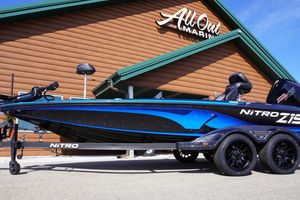 2024 Nitro Z19 boat at All Out Marine dealership, showcasing sleek design and vibrant blue accents.