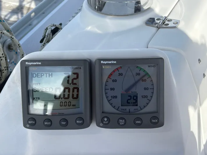 Carolina Wind Yacht Photos Pics Raymarine instruments on a 2011 Catalina 355 sailboat displaying depth and wind speed.