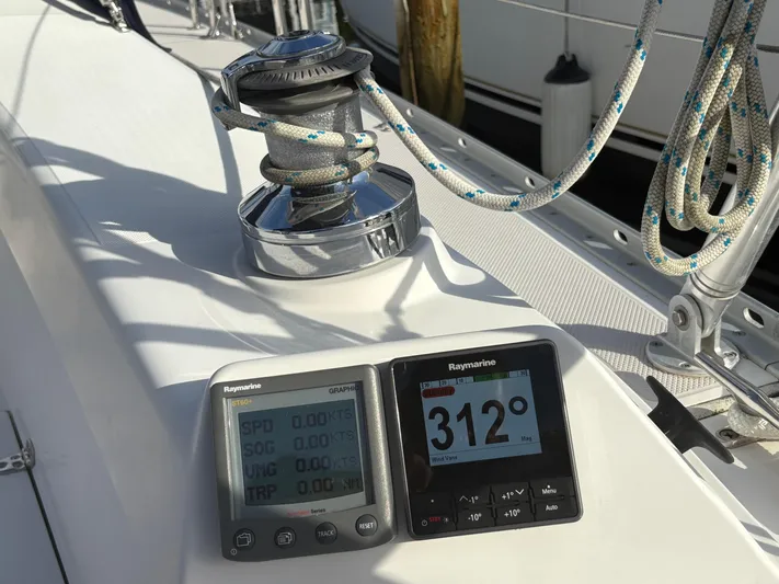 Carolina Wind Yacht Photos Pics Sailing instruments on a 2011 Catalina 355 yacht, featuring Raymarine displays and winch.