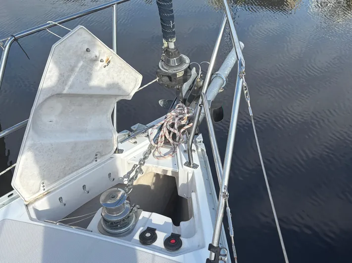 Carolina Wind Yacht Photos Pics Bow of 2011 Catalina 355 sailboat with anchor chain and winch system.