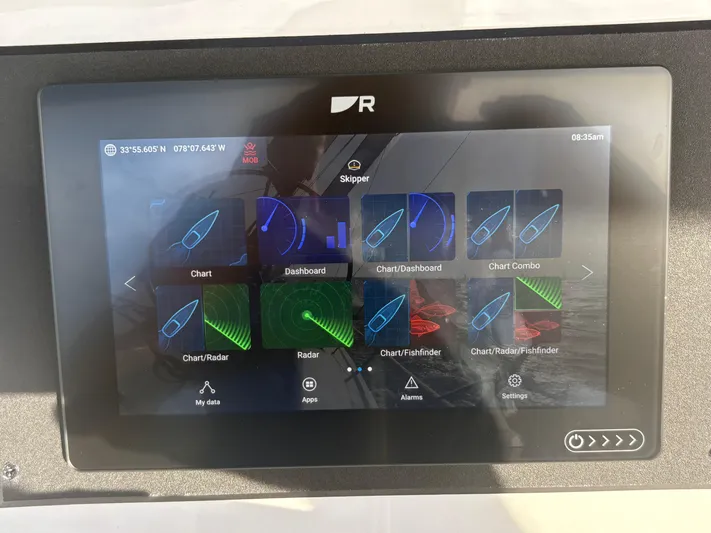 Carolina Wind Yacht Photos Pics Touchscreen navigation display on a 2011 Catalina 355 sailboat, showing various chart and radar options.