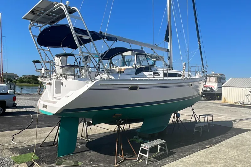 Carolina Wind Yacht Photos Pics Sailboat Catalina 355, 2011 model, on dry dock with blue sky background.
