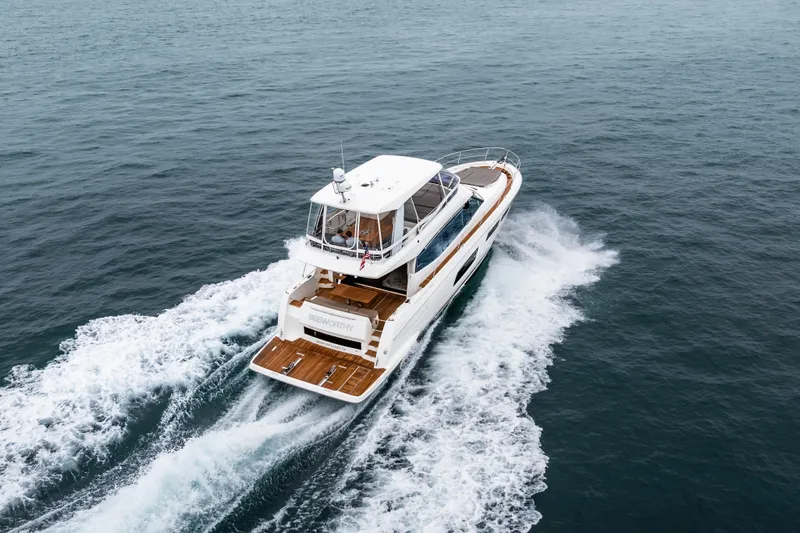 Seeworthy Yacht Photos Pics 2018 Prestige 560 yacht cruising on open water, showcasing elegant design and performance.