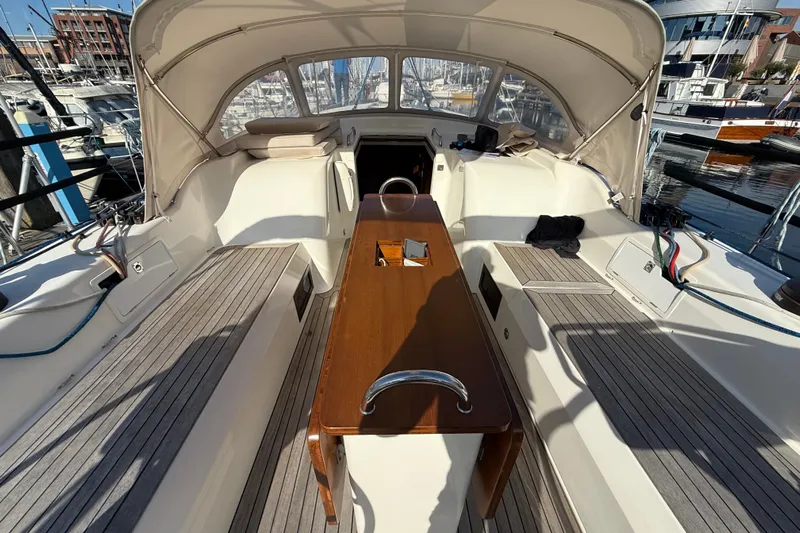Pau Hana Yacht Photos Pics Cockpit of 2019 Nautor Swan 54 yacht with wooden table and seating.