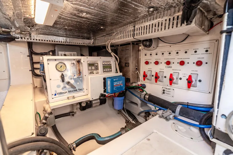 More Good Yacht Photos Pics Electrical control panel in a 2002 Cabo 35 Flybridge boat engine room.