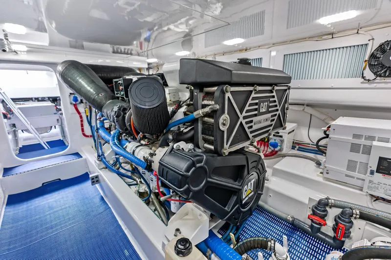 Knot Haulin Yacht Photos Pics Engine room of a 2017 Spencer Convertible boat with CAT marine power.