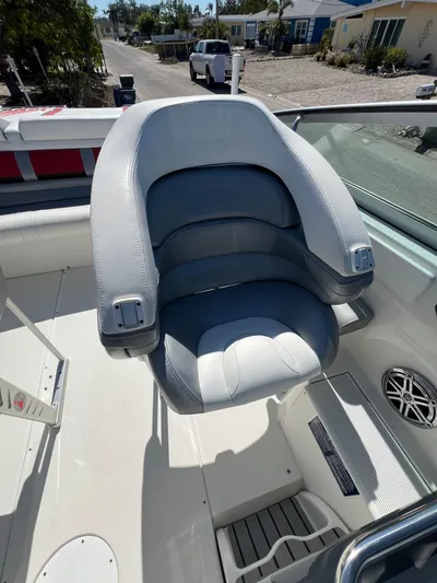  Yacht Photos Pics 2016 Formula 353 FASTech boat seat, gray upholstery, outdoor setting.