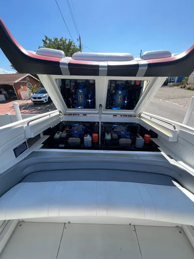  Yacht Photos Pics 2016 Formula 353 FASTech boat engine compartment with open hatch, showcasing dual engines.