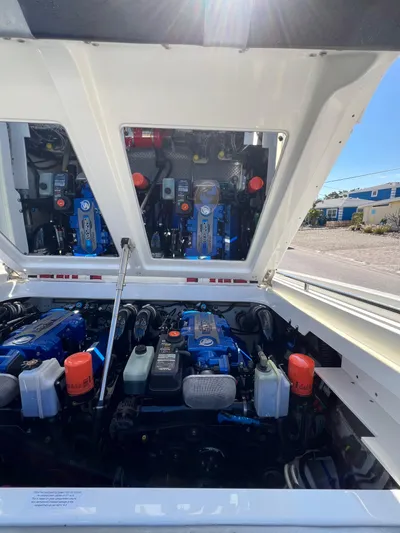  Yacht Photos Pics 2016 Formula 353 FASTech engine compartment with dual engines and components.