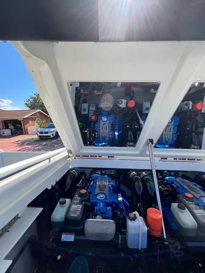  Yacht Photos Pics 2016 Formula 353 FASTech engine compartment with open hatch, showcasing powerful dual engines.