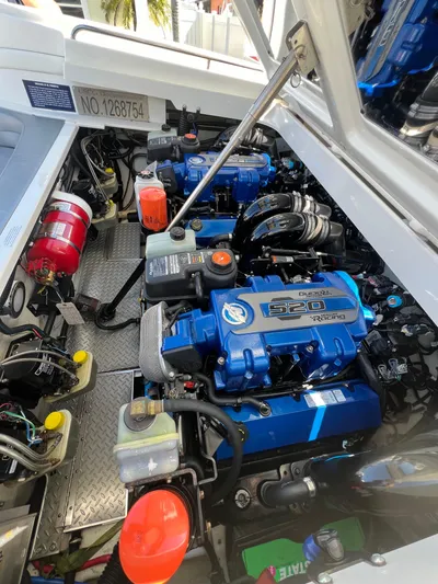  Yacht Photos Pics 2016 Formula 353 FASTech engine compartment with twin blue engines and detailed components.