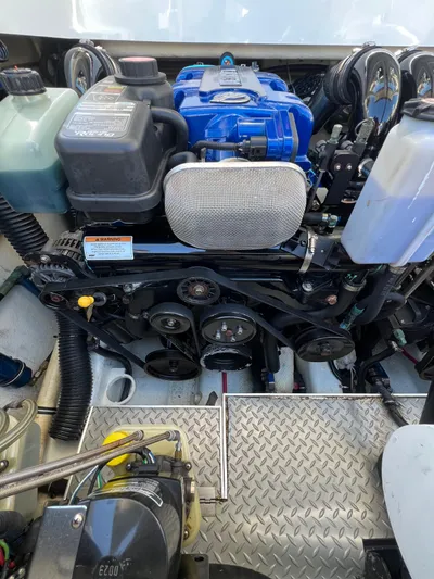  Yacht Photos Pics Engine compartment of a 2016 Formula 353 FASTech boat, showcasing mechanical components.