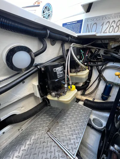  Yacht Photos Pics Engine compartment of a 2016 Formula 353 FASTech boat, showing mechanical components and wiring.