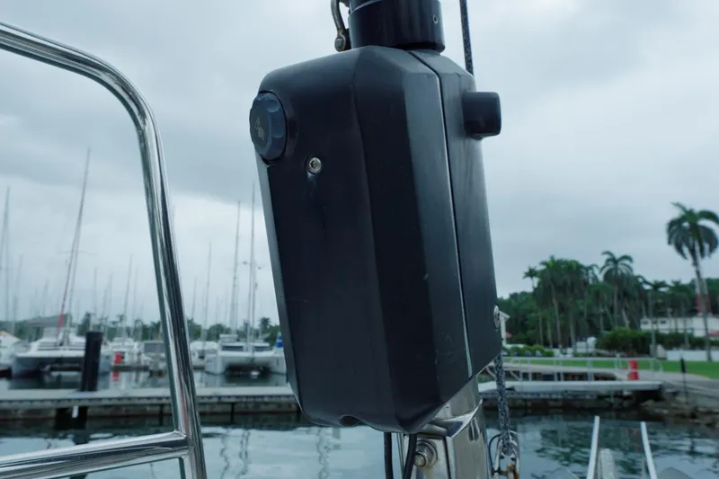 Miss Fiona Yacht Photos Pics Close-up of Jeanneau 64 sailboat equipment, docked in a marina, 2020 model.