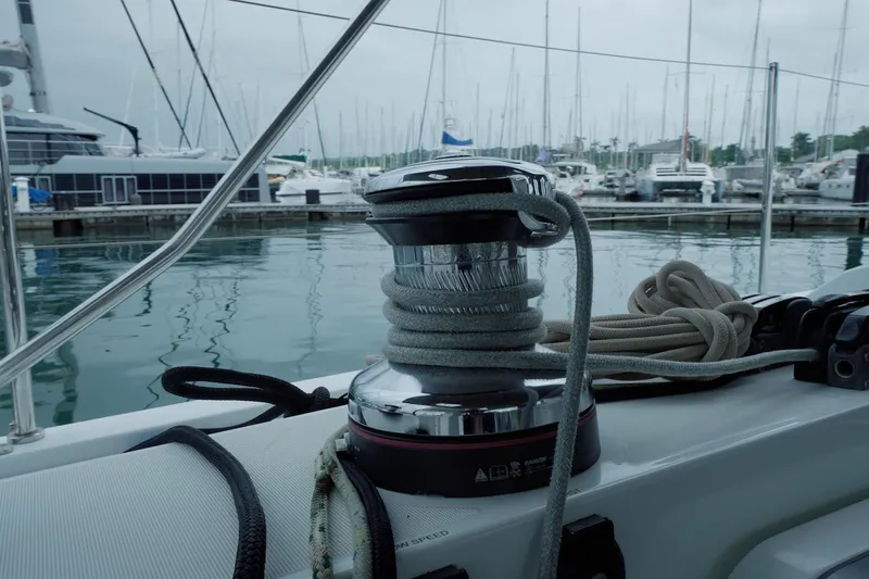 Miss Fiona Yacht Photos Pics Winch on Jeanneau 64 sailboat, docked in marina, 2020 model.