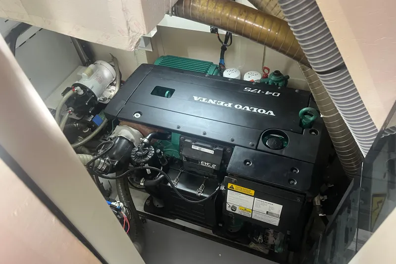 Miss Fiona Yacht Photos Pics Engine room of a 2020 Jeanneau 64 yacht featuring a Volvo Penta D4-175 engine.