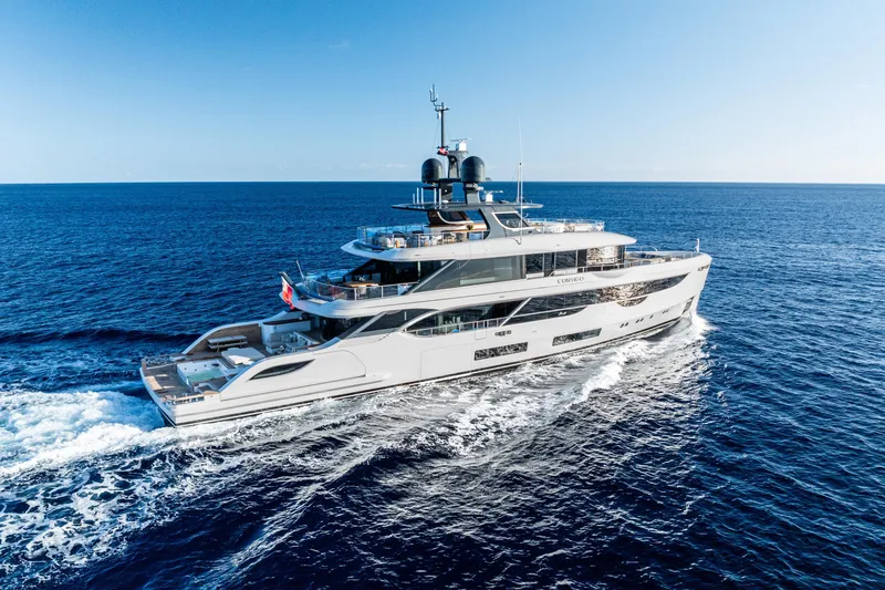 Contigo Yacht Photos Pics Luxury yacht Benetti Oasis 40M 2024 cruising on open sea under clear blue sky.