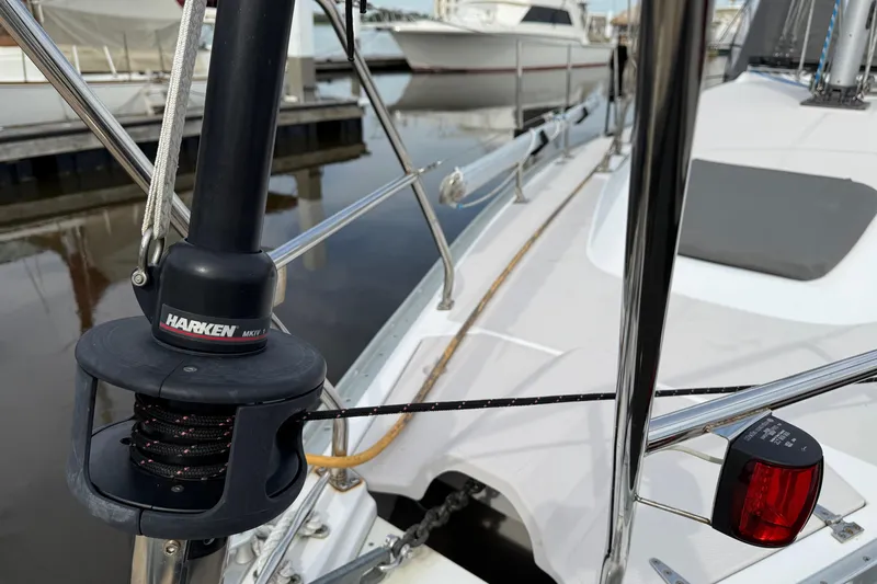 Magic Yacht Photos Pics Close-up of a 2011 Catalina 355 sailboat deck with Harken equipment.