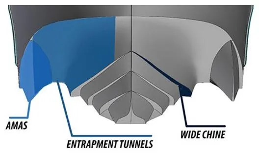  Yacht Photos Pics Diagram of Sea Blade 36 R 2022 hull design showing amas, entrapment tunnels, and wide chine.