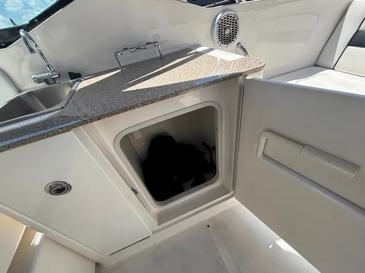  Yacht Photos Pics 2014 Sea Ray 300 SLX boat interior with sink and storage compartment.