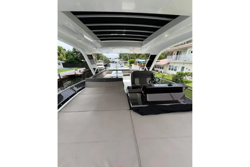 Bugsy Yacht Photos Pics Flybridge view of 2020 Galeon 550 Fly yacht, featuring spacious seating and helm station.