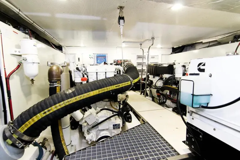 Bugsy Yacht Photos Pics Engine room of 2020 Galeon 550 Fly yacht, featuring advanced mechanical systems.