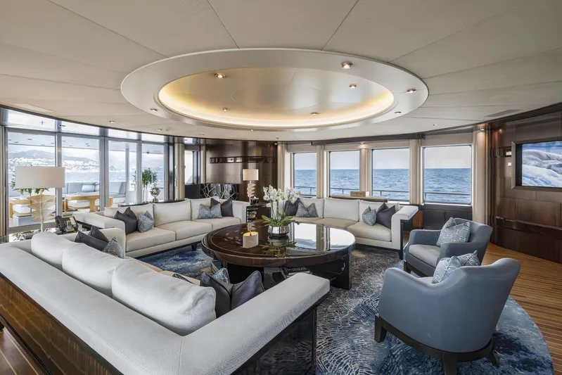 Dream Yacht Photos Pics Luxurious yacht interior with elegant seating, ocean view, and modern decor, Abeking & Rasmussen 6430, 2001.