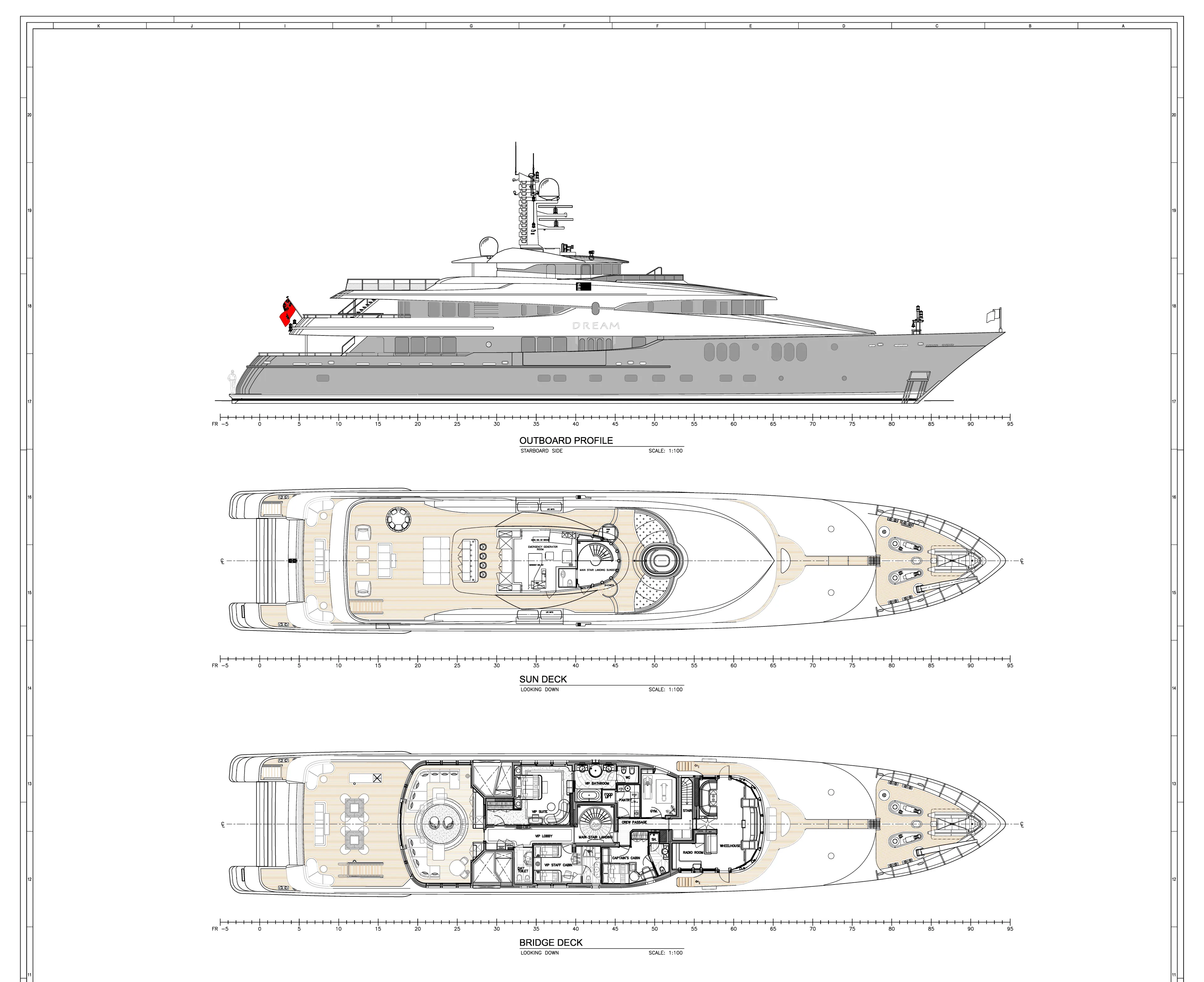 Dream Yacht Photos Pics Blueprint of Abeking & Rasmussen 6430 yacht, 2001 model, showing side and deck views.