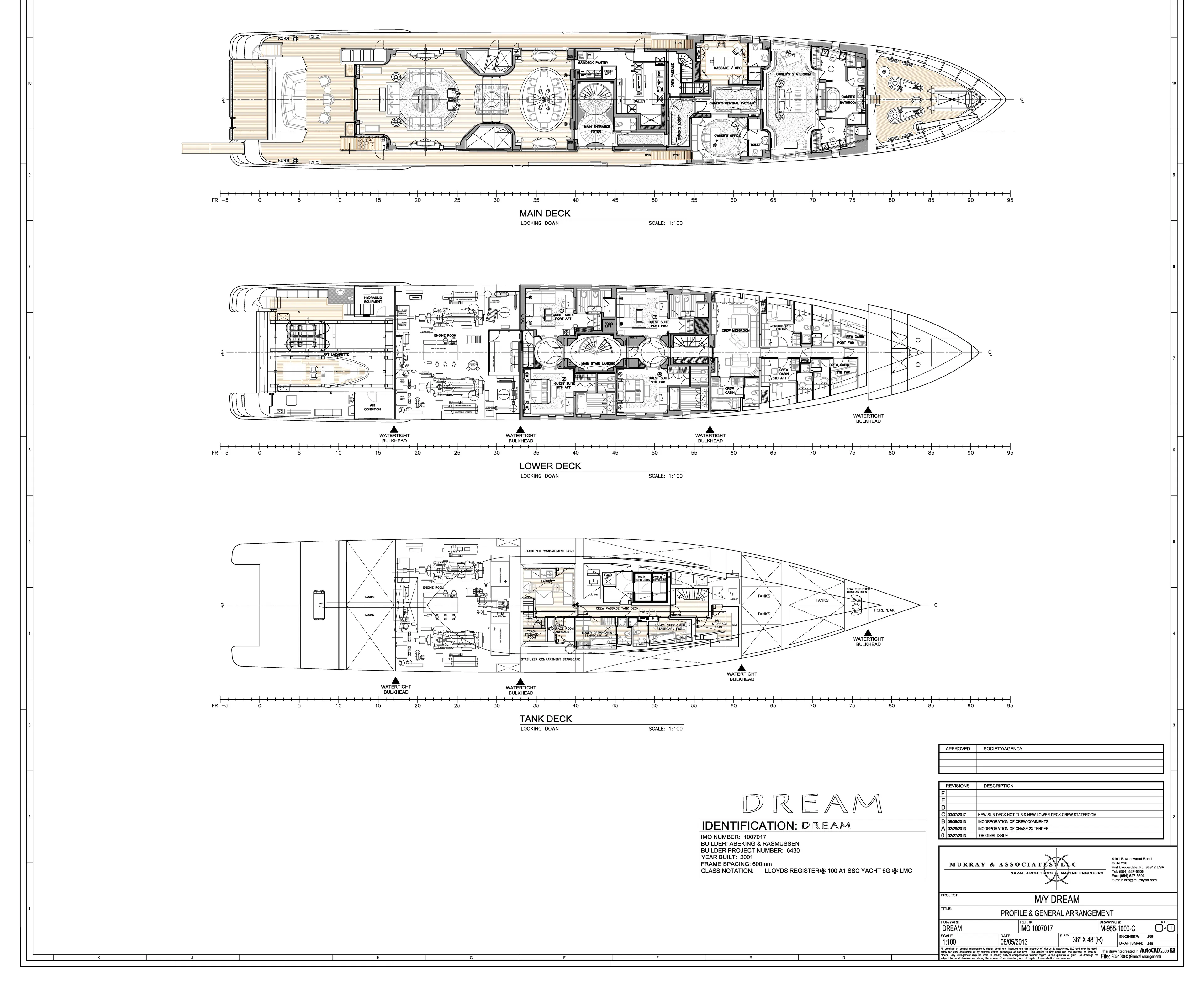 Dream Yacht Photos Pics Blueprint of Abeking & Rasmussen 6430 yacht, 2001 model, showing main, lower, and tank decks.