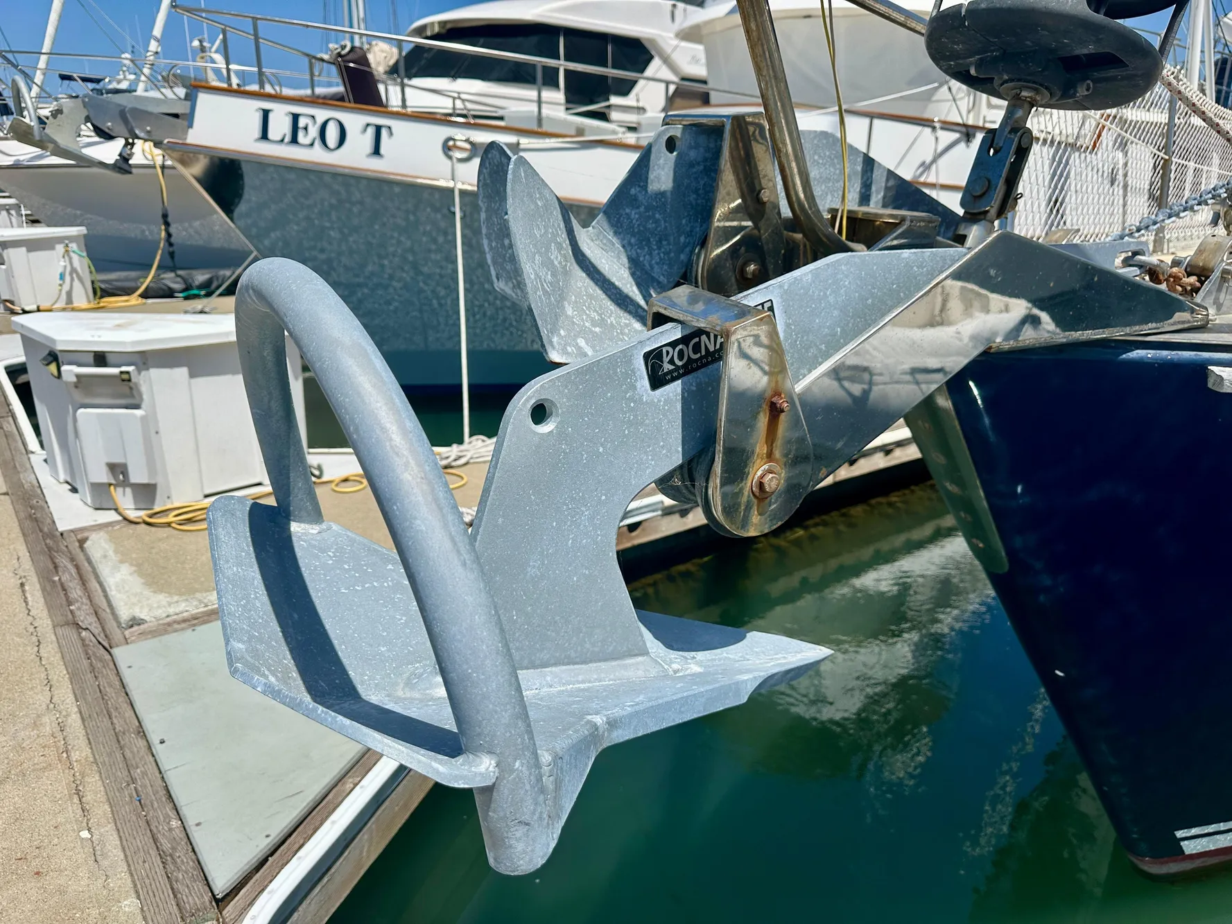 Anchor on 1983 Tayana 55 sailboat docked at marina.
