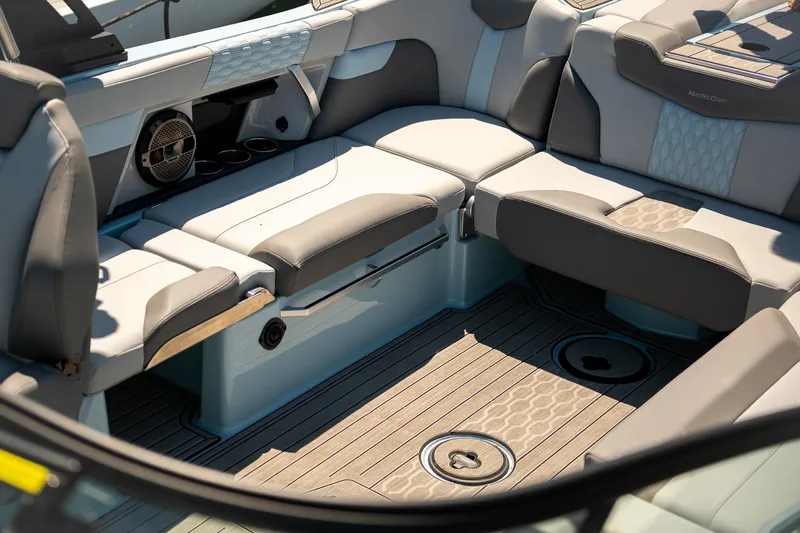  Yacht Photos Pics Luxurious interior of 2022 MasterCraft XT24 boat with premium seating and modern design.