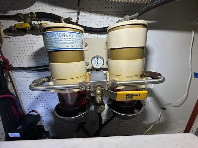 Tortuga Yacht Photos Pics Fuel filter system in a 1987 Kadey-Krogen 42 boat engine room.