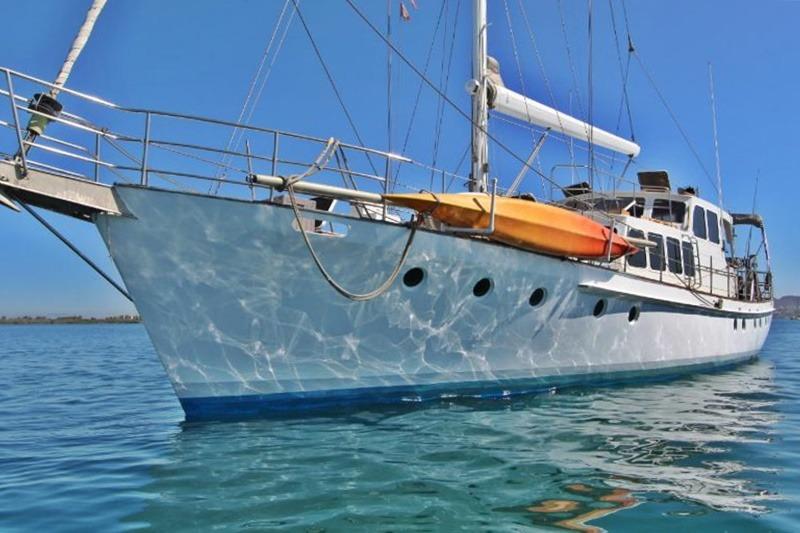 Custom 1991 Centre Cockpit Pilot House Steel Cutter Motorsailer on calm blue water.