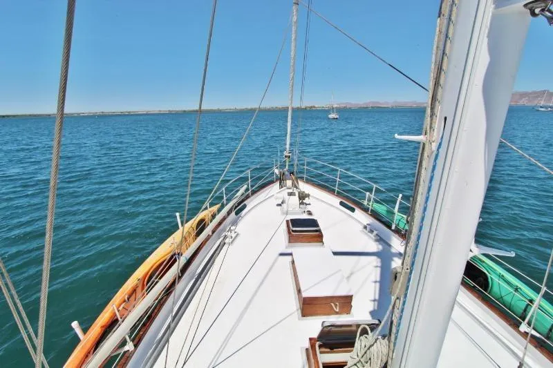 Ocean Villa Yacht Photos Pics Centre cockpit pilot house steel cutter motorsailer on open water, 1991 model.