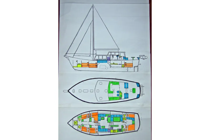 Ocean Villa Yacht Photos Pics Blueprint of 1991 Custom Centre Cockpit Pilot House Steel Cutter Motorsailer, showing detailed layout.