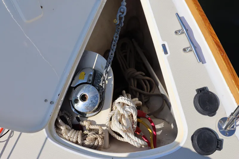 Cianna Yacht Photos Pics Anchor locker of 2001 Sabre 402 sailboat with ropes and chain.