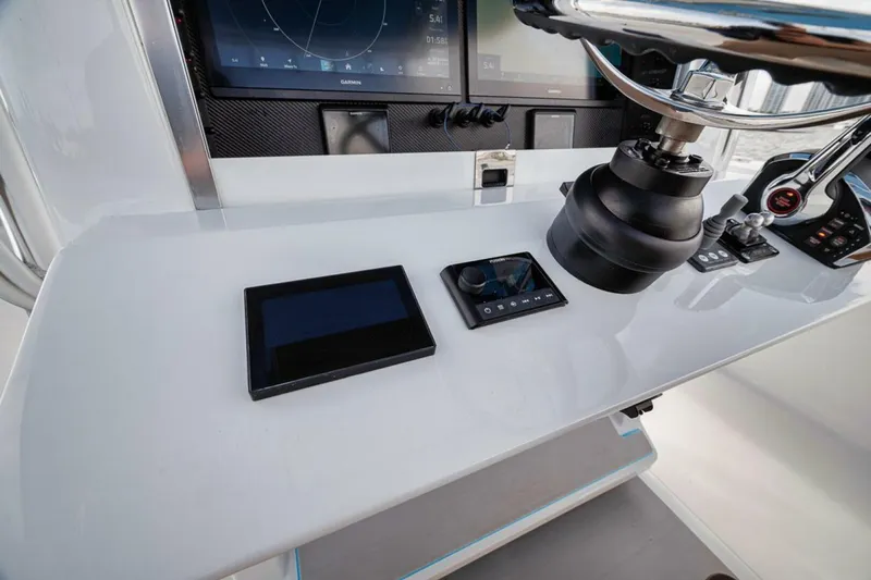 Southpaw Yacht Photos Pics Control panel of a 2015 Bahama 41' boat with navigation equipment.