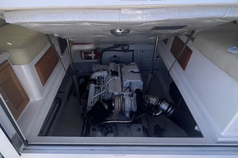Selah Yacht Photos Pics Engine compartment of a 2012 Back Cove 37 boat, showcasing mechanical components.