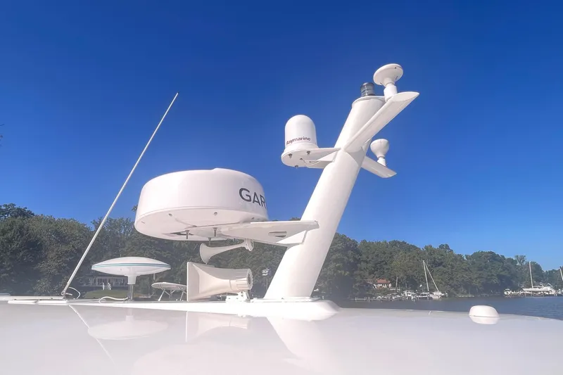 Selah Yacht Photos Pics 2012 Back Cove 37 yacht radar and navigation equipment under clear blue sky.