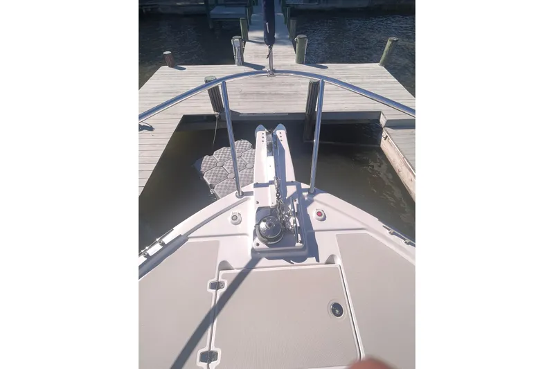 Selah Yacht Photos Pics 2012 Back Cove 37 boat bow with anchor, docked at marina.