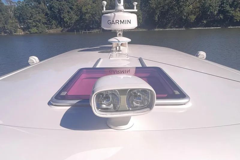 Selah Yacht Photos Pics Bow view of 2012 Back Cove 37 boat with Garmin radar and spotlight.