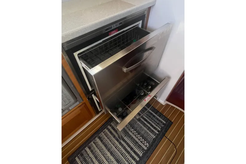 Selah Yacht Photos Pics Stainless steel drawer fridge on 2012 Back Cove 37 boat interior.