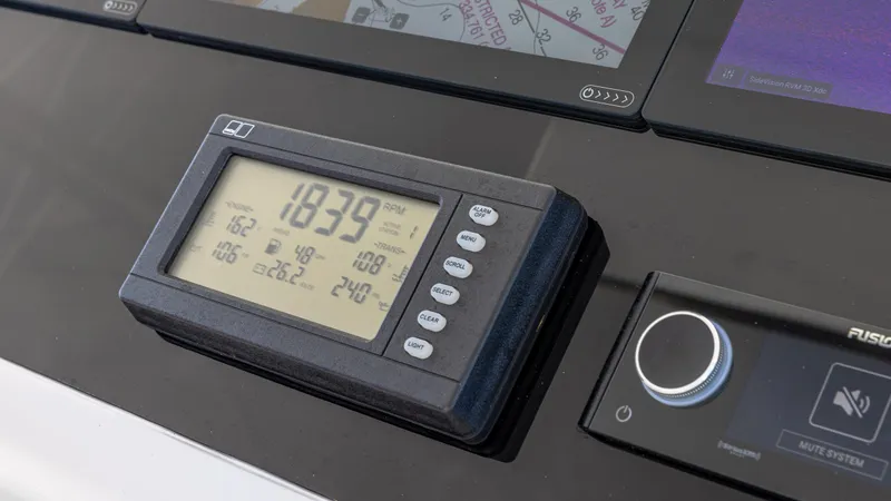 First Bite Yacht Photos Pics Digital display on a Viking 2005 boat dashboard, showing navigation and system information.