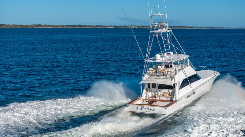First Bite Yacht Photos Pics Viking 2005 yacht cruising on open water, rear view, 2004 model.
