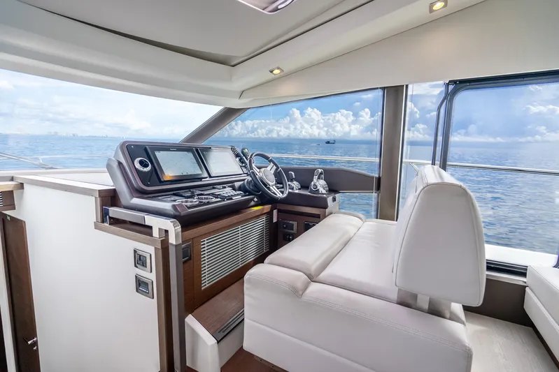  Yacht Photos Pics Interior of 2018 Prestige 520S yacht with modern helm and ocean view.