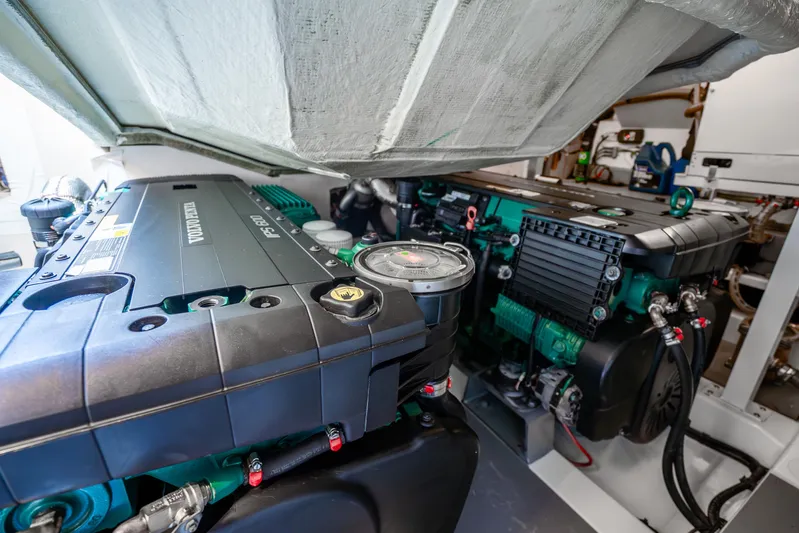  Yacht Photos Pics Engine room of a 2018 Prestige 520S yacht, featuring Volvo Penta engines.
