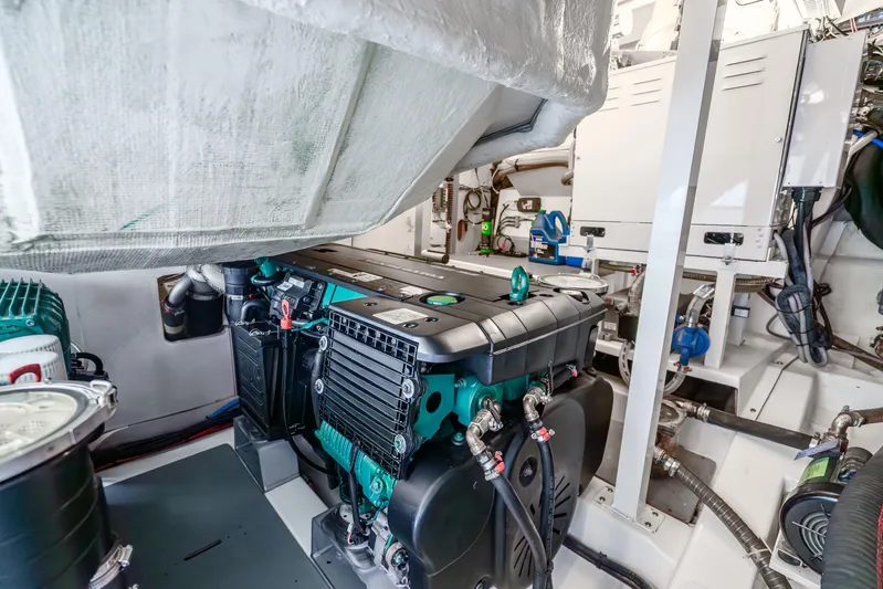  Yacht Photos Pics Engine room of 2018 Prestige 520S yacht, showcasing advanced machinery and components.